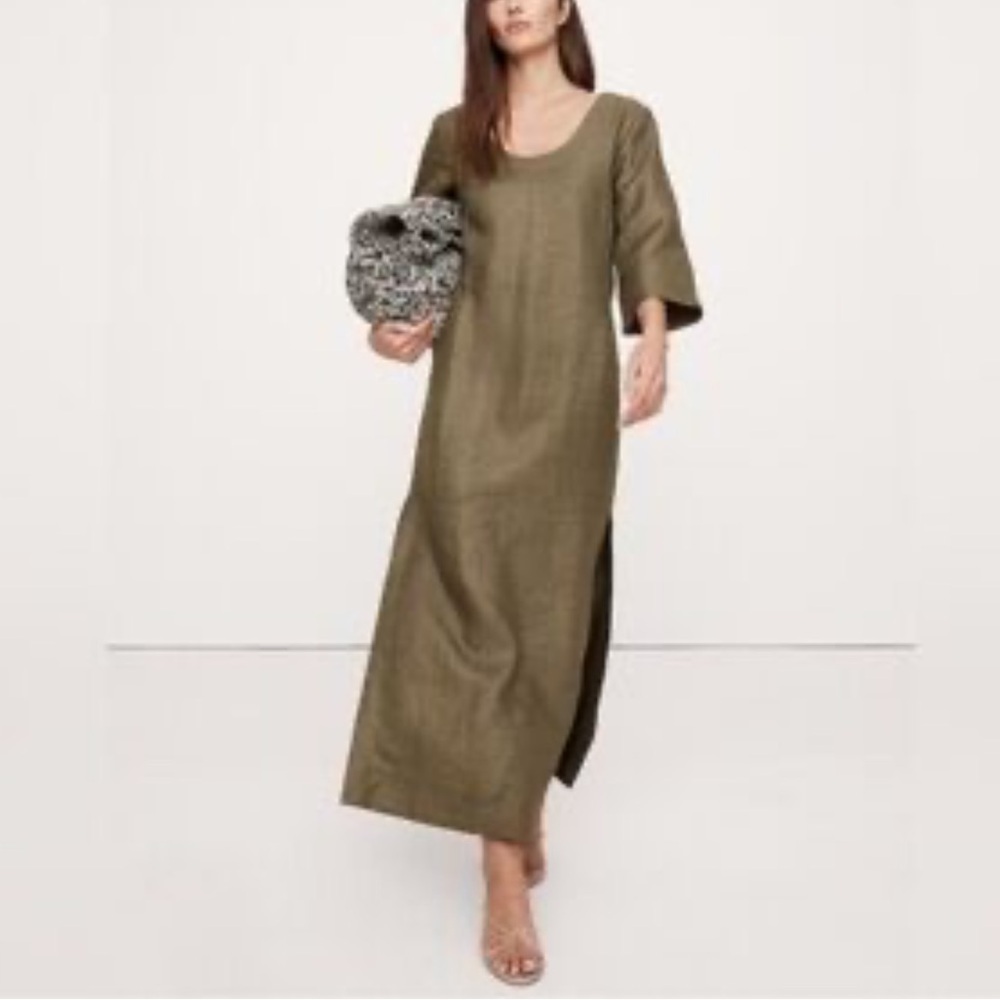 Olive Green Maxi Shift Dress with Side Slit